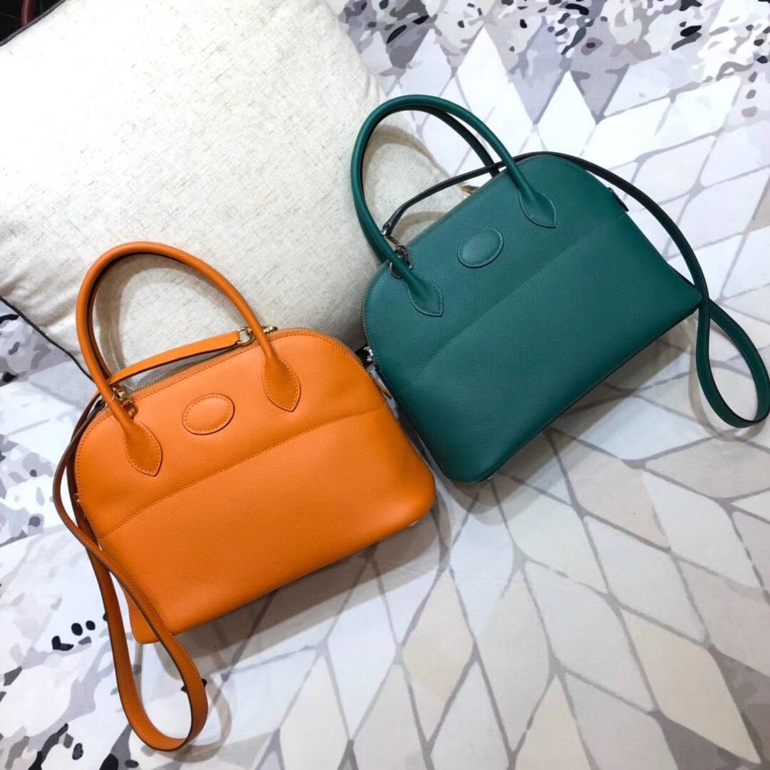 爱马仕保龄球包价格 Hermes Bolide27CM 孔雀绿顶级掌纹牛皮手提女包 银扣
