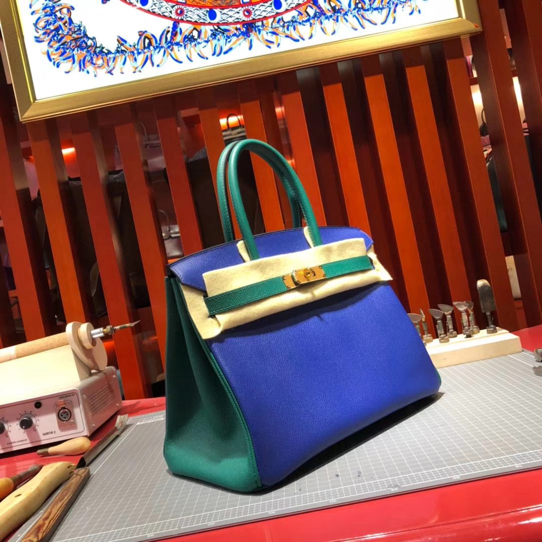 Hermes Birkin30CM 爱马仕希腊蓝拼丝绒绿手掌纹牛皮铂金包 金扣