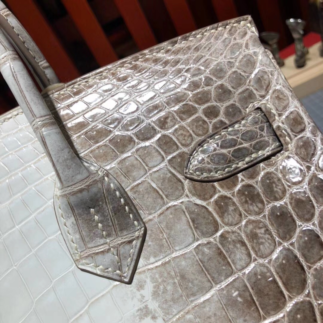 Hermes Birkin30cm 爱马仕喜马拉雅亮光两点鳄鱼皮铂金包 银扣