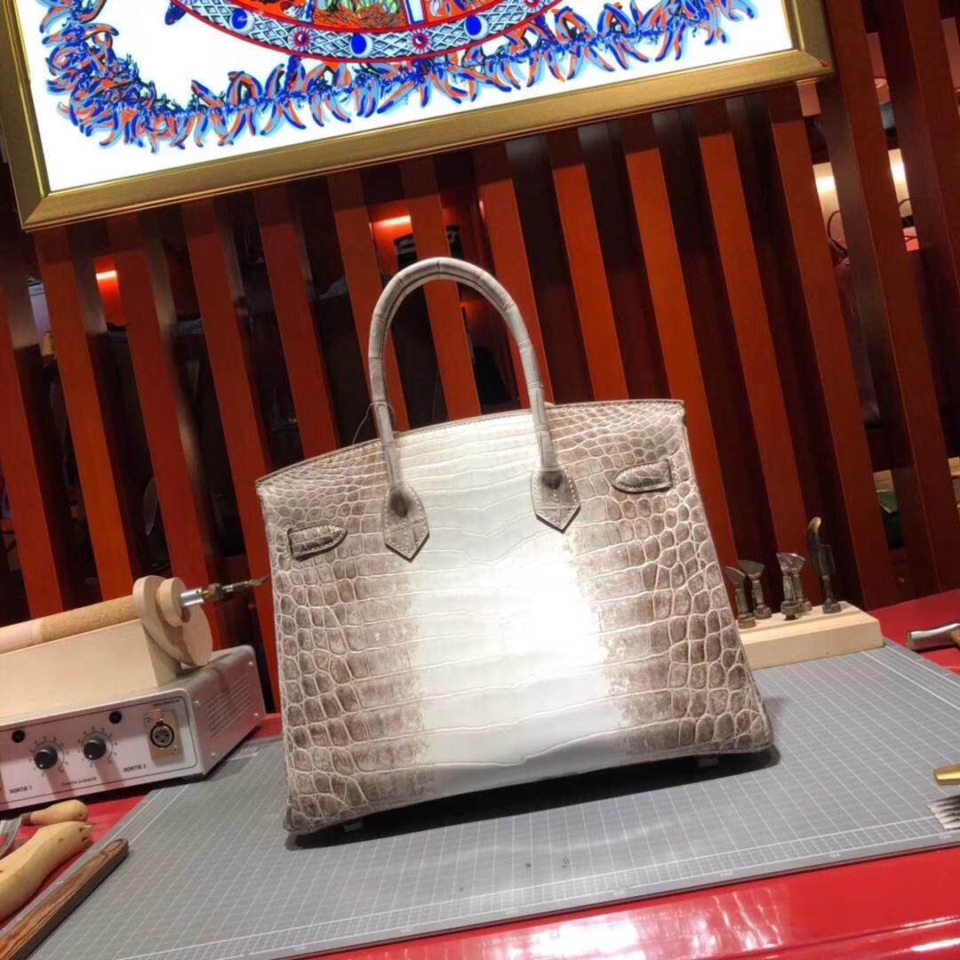 Hermes Birkin30cm 爱马仕喜马拉雅亮光两点鳄鱼皮铂金包 银扣