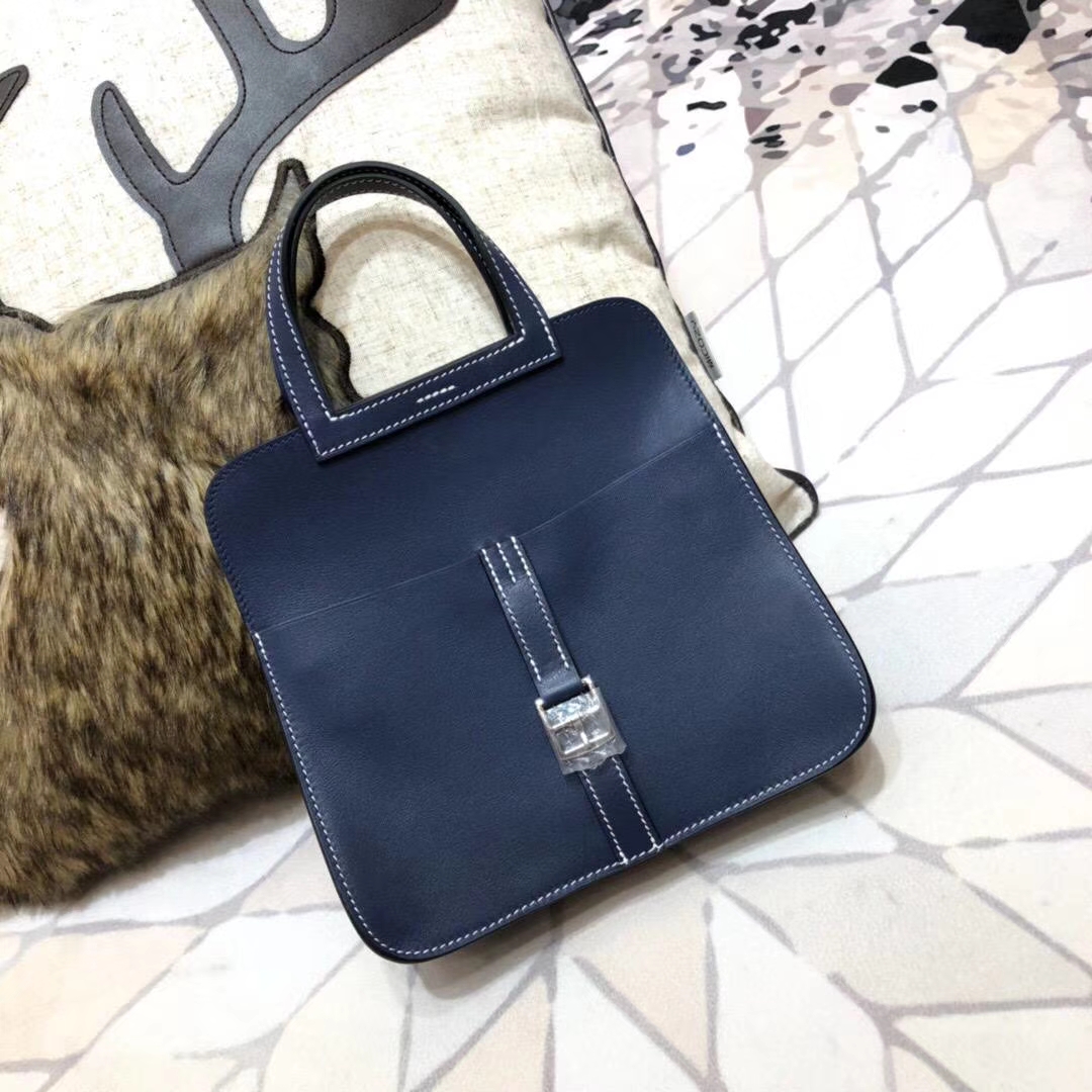 Hermes mini Halzan 爱马仕Swift牛皮斜挎手提包包 宝石蓝