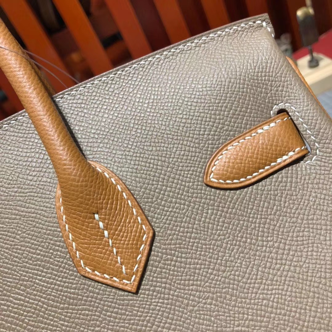 爱马仕Birkin包包 Hermes大象灰拼土黄色拼色铂金包Birkin30CM 银扣