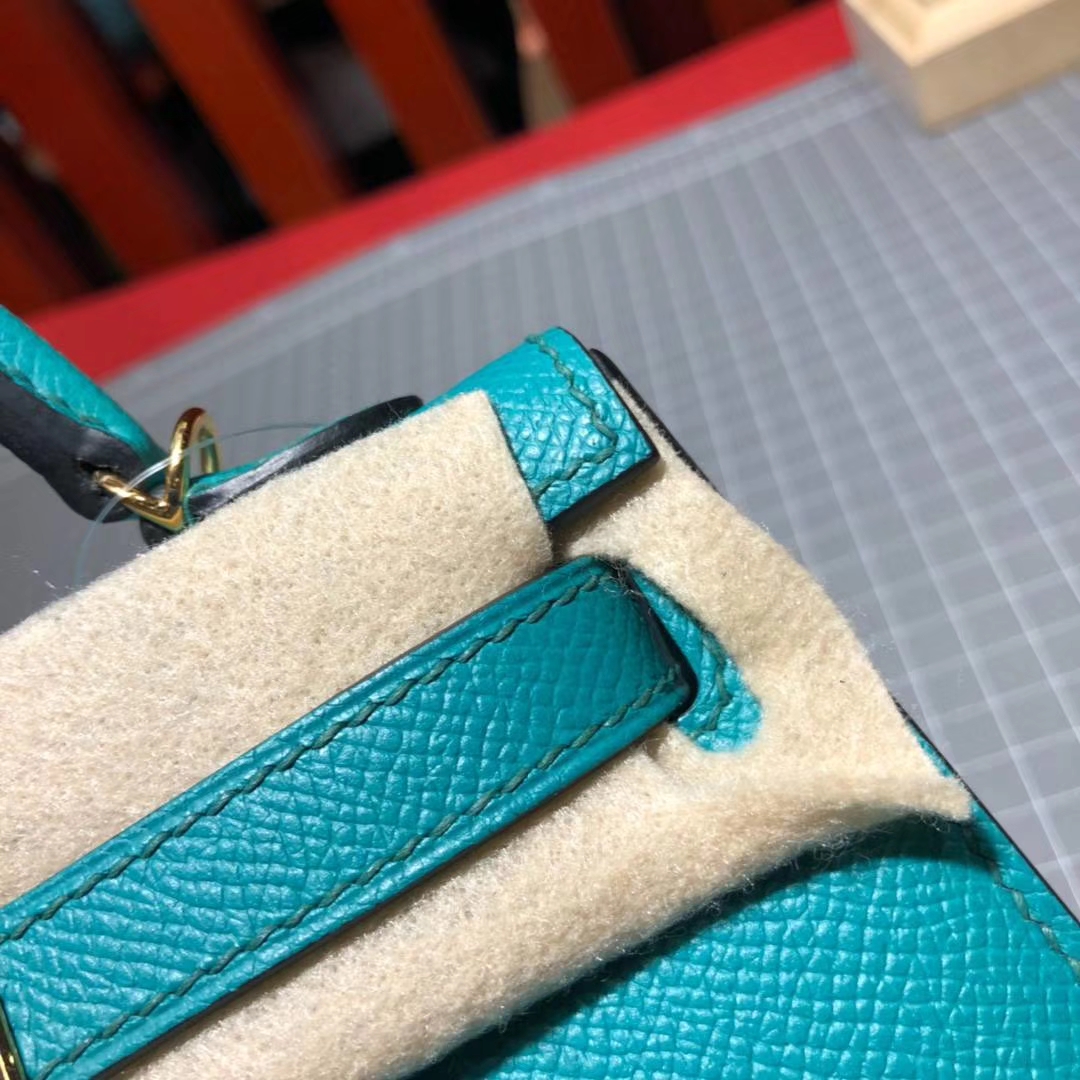 爱马仕迷你凯莉包2代 Hermes Minikelly2代 孔雀蓝原厂Epsom牛皮 金扣
