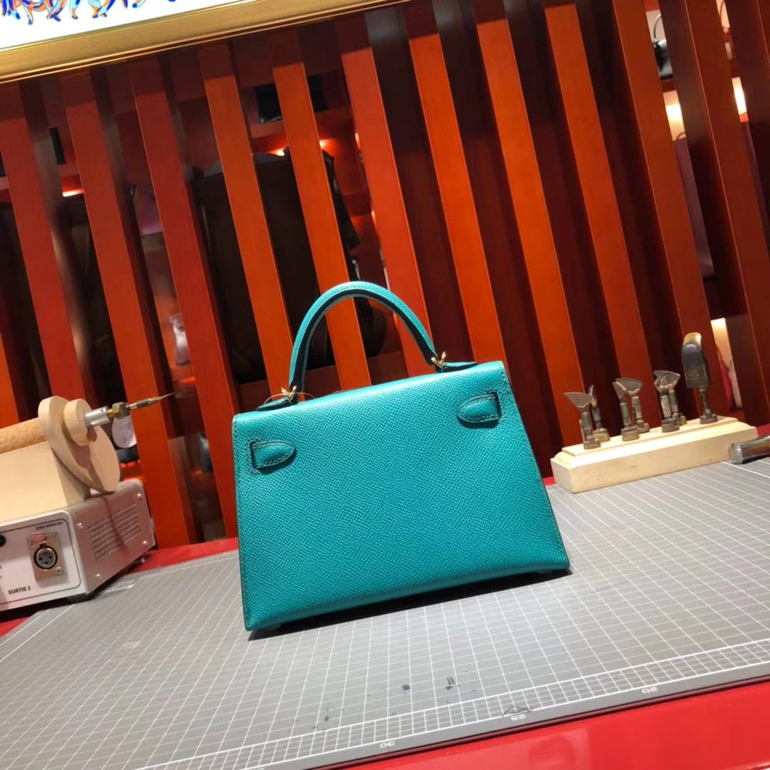 爱马仕迷你凯莉包2代 Hermes Minikelly2代 孔雀蓝原厂Epsom牛皮 金扣