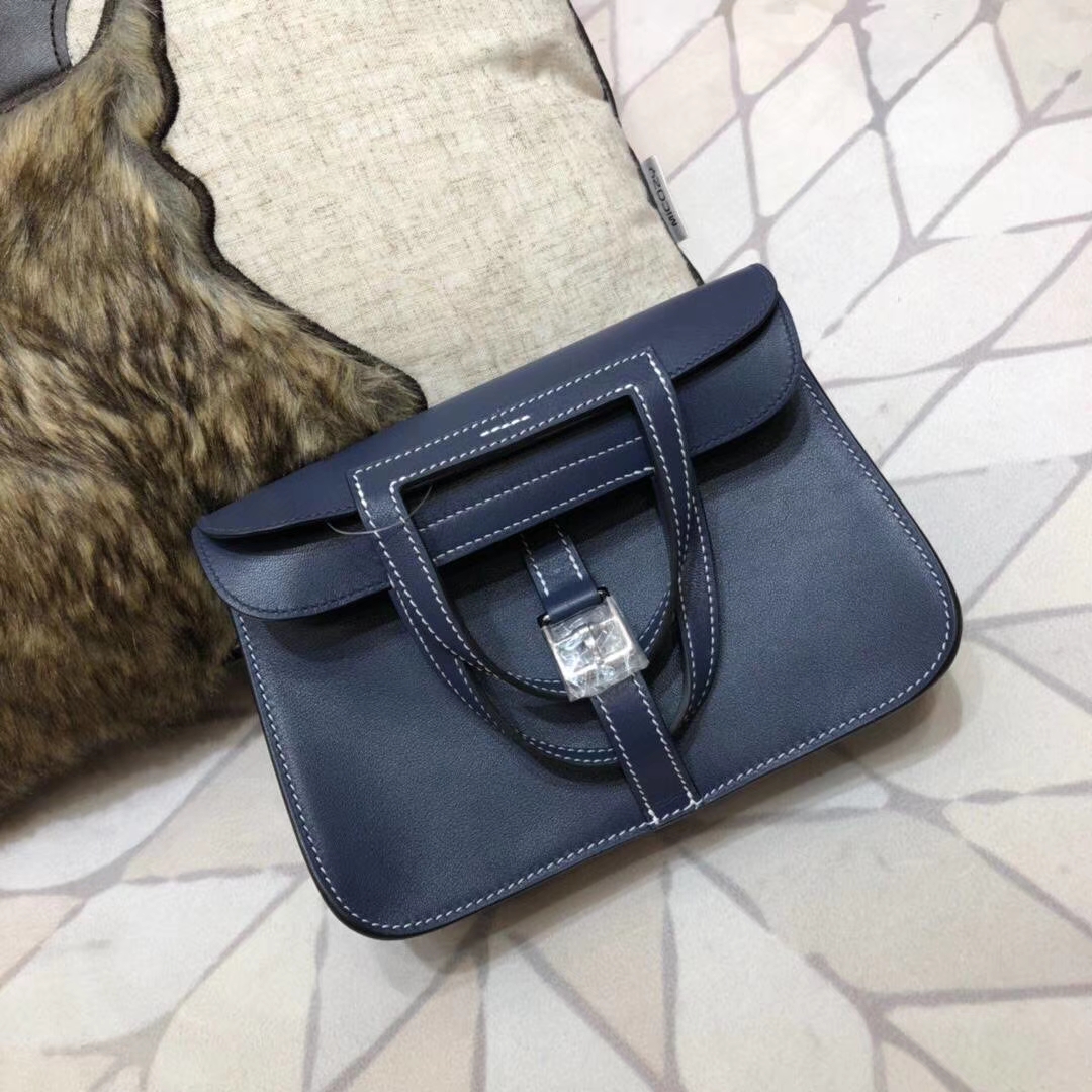Hermes mini Halzan 爱马仕Swift牛皮斜挎手提包包 宝石蓝