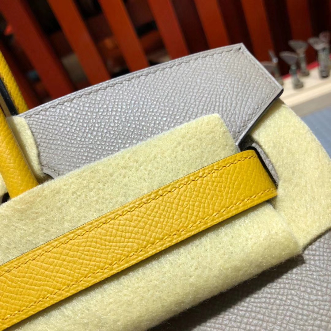Hermes Birkin30cm 爱马仕沥青灰拼琥珀黄Epsom牛皮铂金包拼色款 金扣