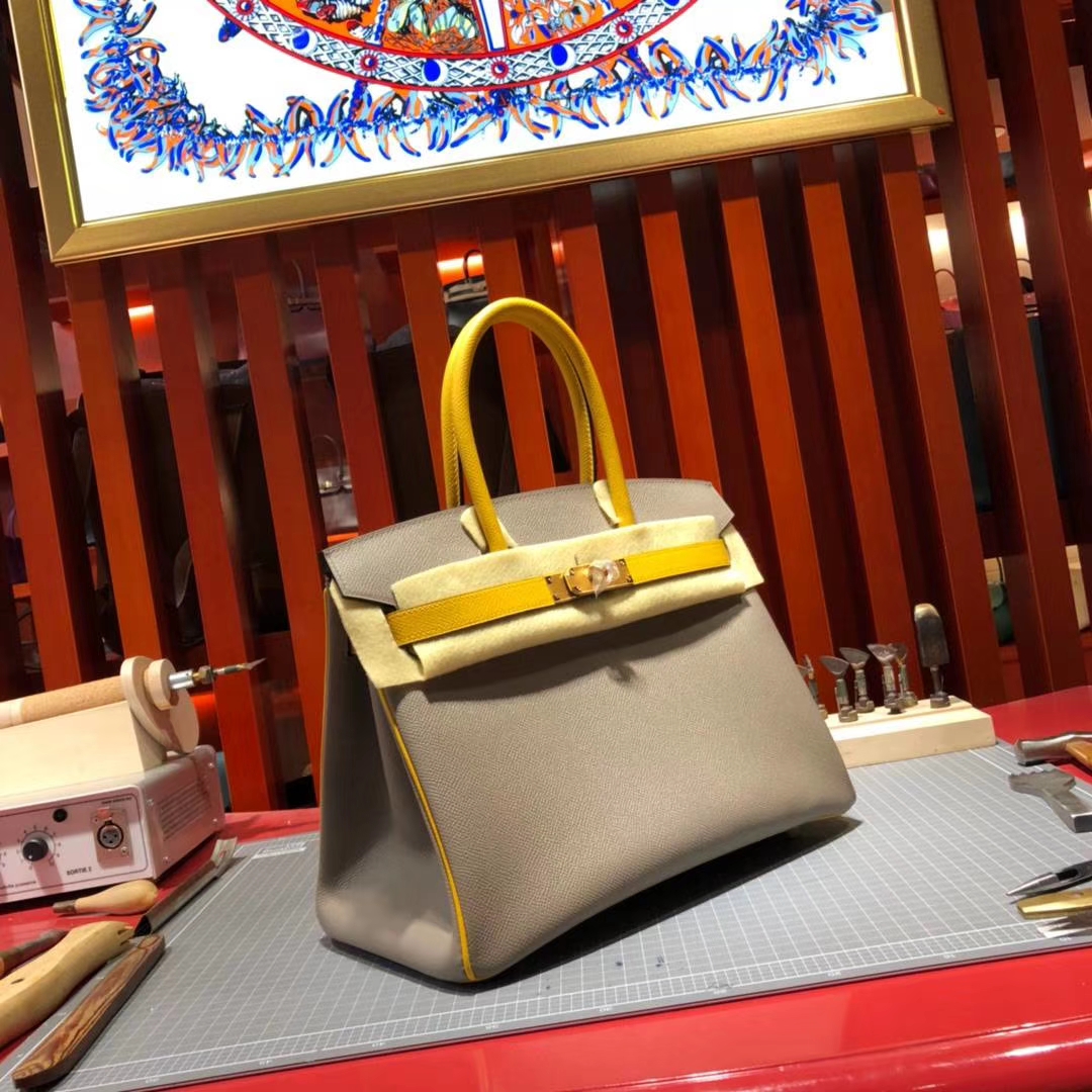 Hermes Birkin30cm 爱马仕沥青灰拼琥珀黄Epsom牛皮铂金包拼色款 金扣