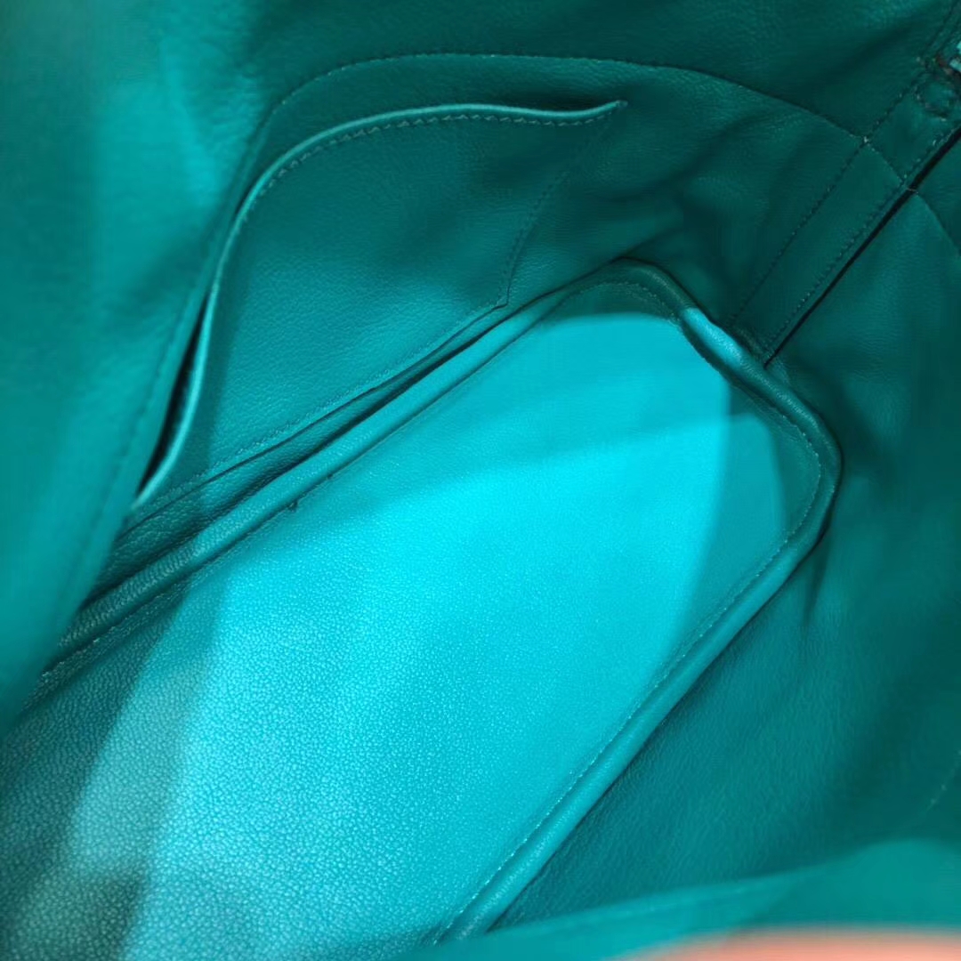 Hermes经典女包 爱马仕顶级Swift牛皮Bolide27CM保龄球包 孔雀蓝