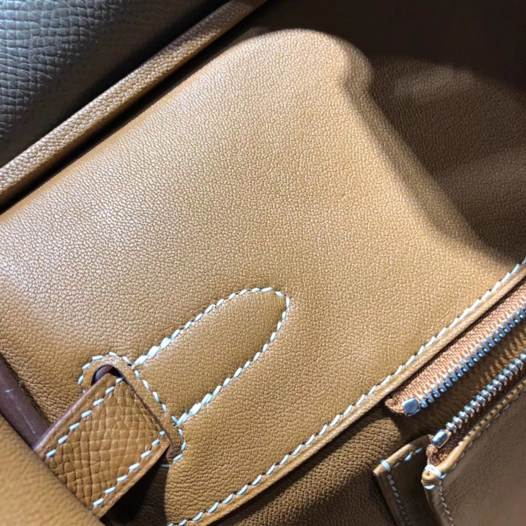 爱马仕Birkin包包 Hermes大象灰拼土黄色拼色铂金包Birkin30CM 银扣