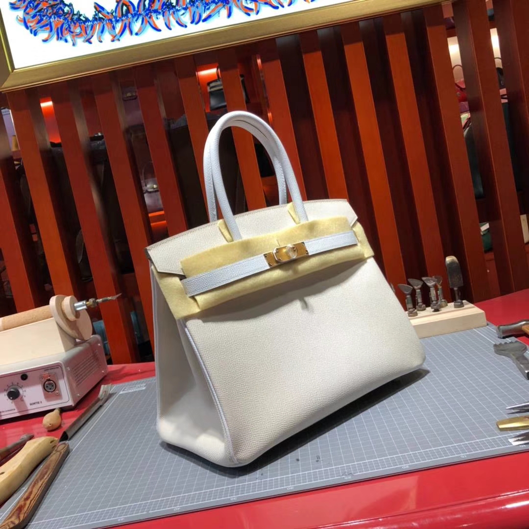 爱马仕拼色铂金包 Hermes奶昔白拼纯白色Epsom牛皮Birkin30CM 金扣