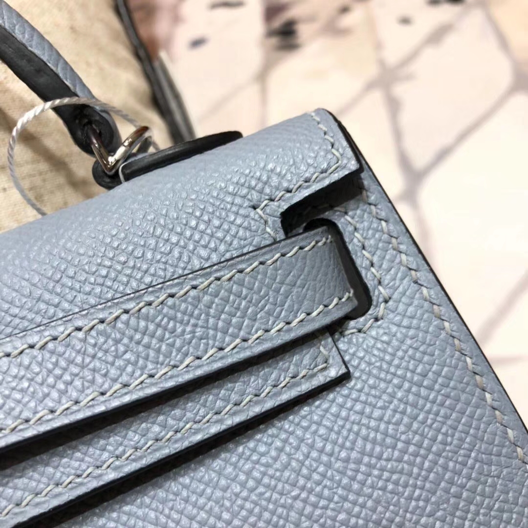 爱马仕迷你凯莉包2代 Hermes Minikelly19CM 亚麻蓝掌纹牛皮 银扣