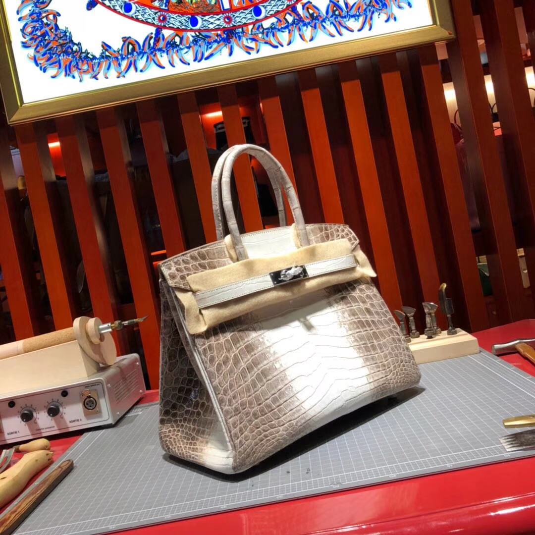 Hermes Birkin30cm 爱马仕喜马拉雅亮光两点鳄鱼皮铂金包 银扣
