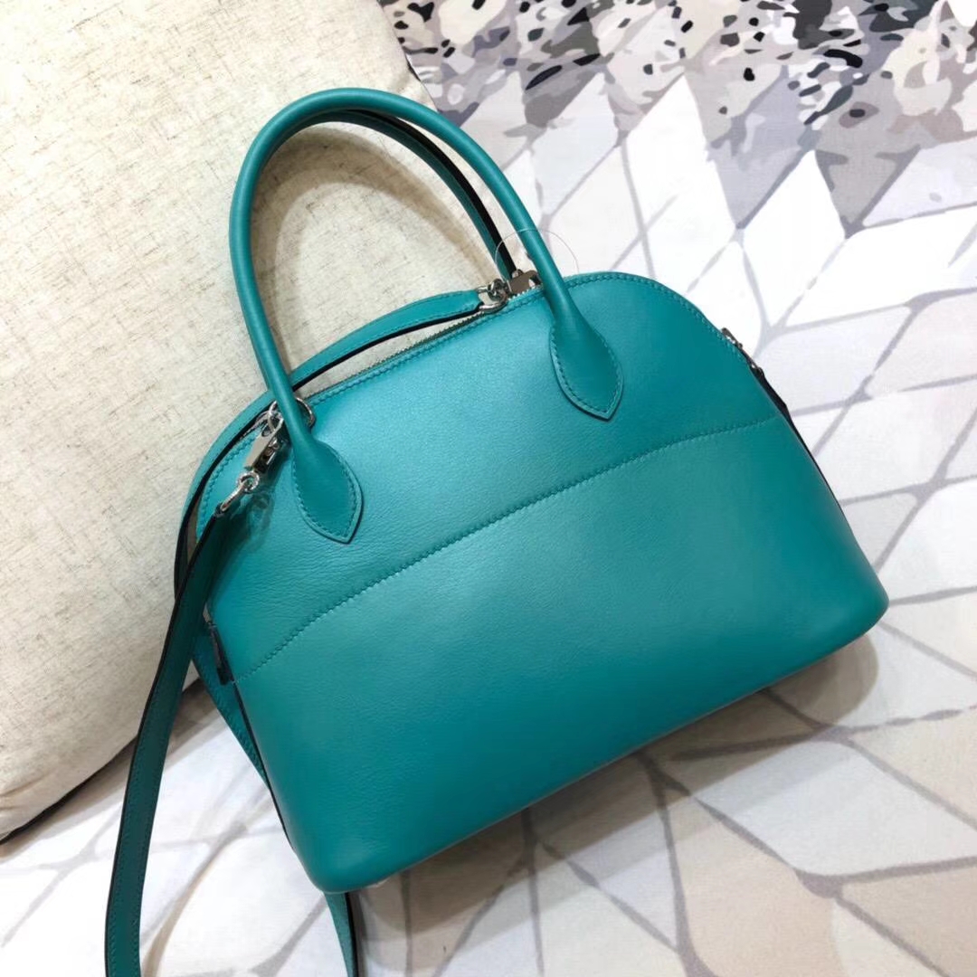 Hermes经典女包 爱马仕顶级Swift牛皮Bolide27CM保龄球包 孔雀蓝