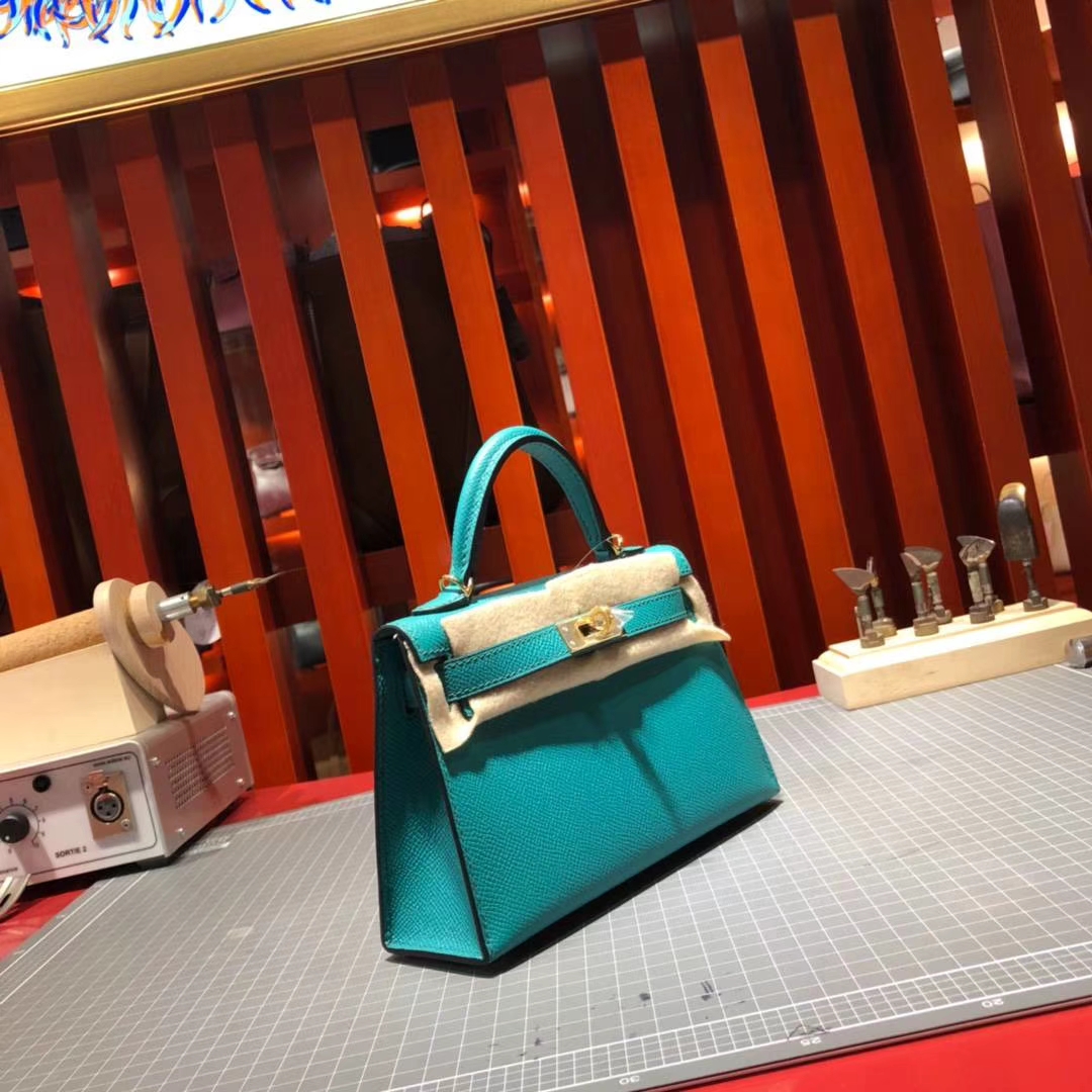 爱马仕迷你凯莉包2代 Hermes Minikelly2代 孔雀蓝原厂Epsom牛皮 金扣