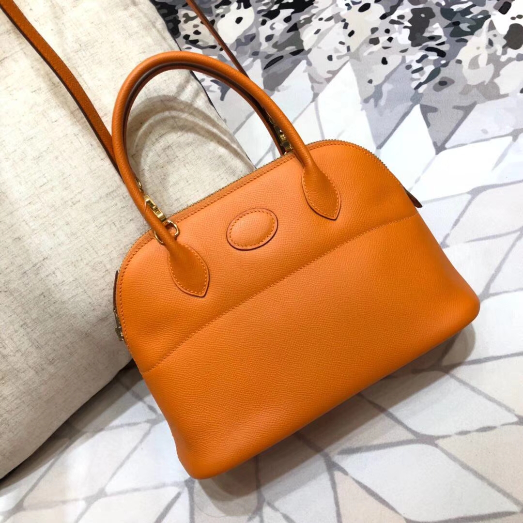 Hermes Bolide27CM 爱马仕橙色顶级Epsom牛皮保龄球包 金扣