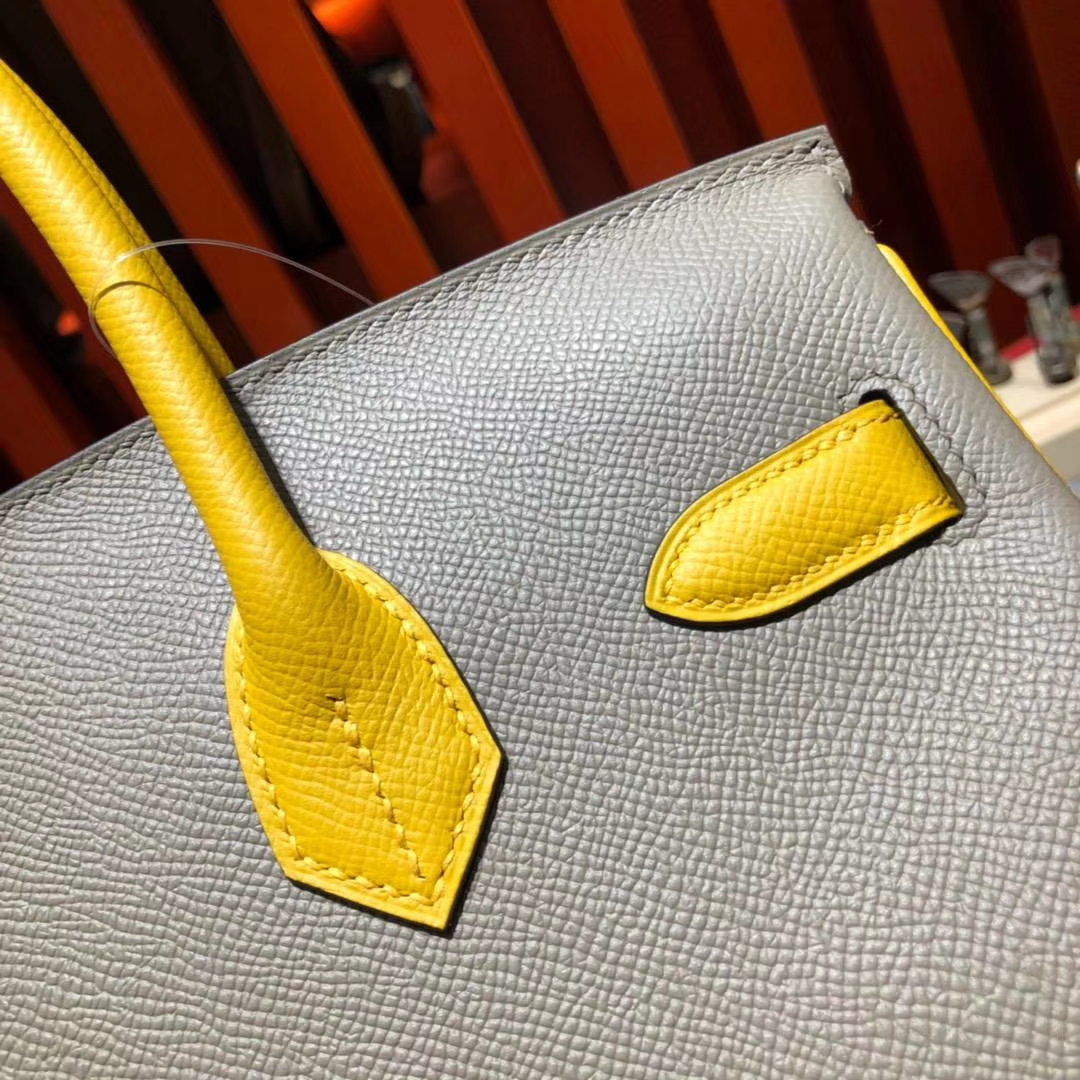 Hermes Birkin30cm 爱马仕沥青灰拼琥珀黄Epsom牛皮铂金包拼色款 金扣