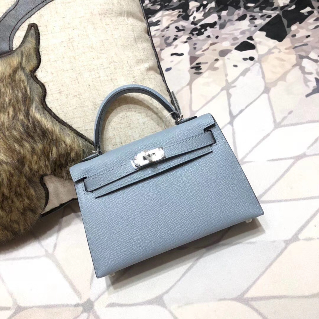 爱马仕迷你凯莉包2代 Hermes Minikelly19CM 亚麻蓝掌纹牛皮 银扣