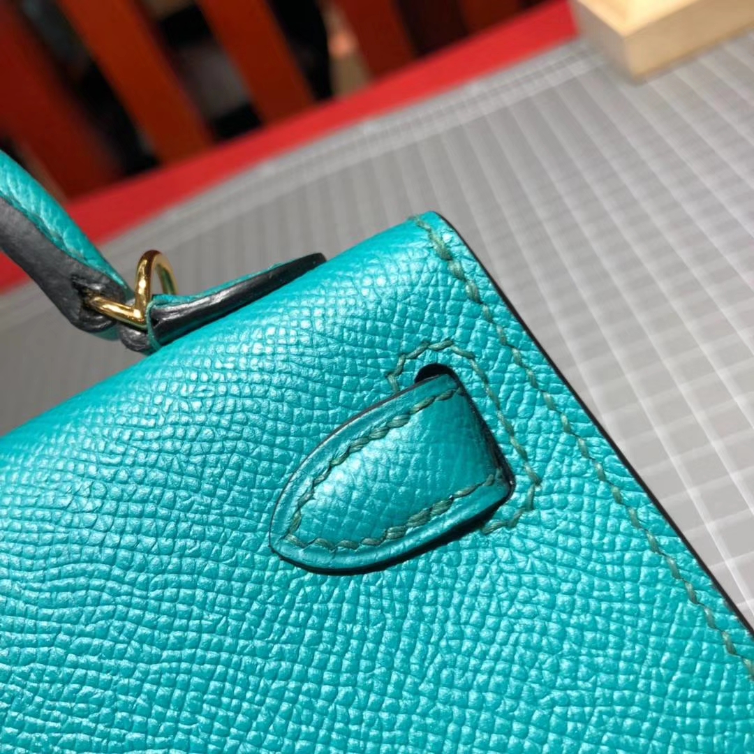 爱马仕迷你凯莉包2代 Hermes Minikelly2代 孔雀蓝原厂Epsom牛皮 金扣
