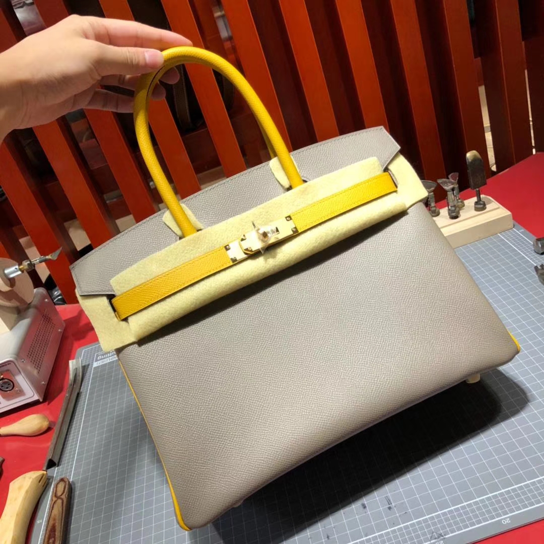Hermes Birkin30cm 爱马仕沥青灰拼琥珀黄Epsom牛皮铂金包拼色款 金扣