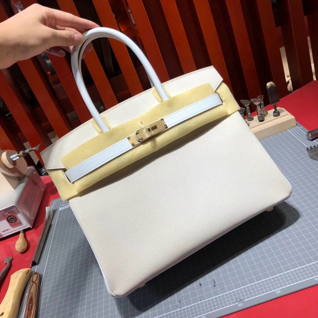 爱马仕拼色铂金包 Hermes奶昔白拼纯白色Epsom牛皮Birkin30CM 金扣