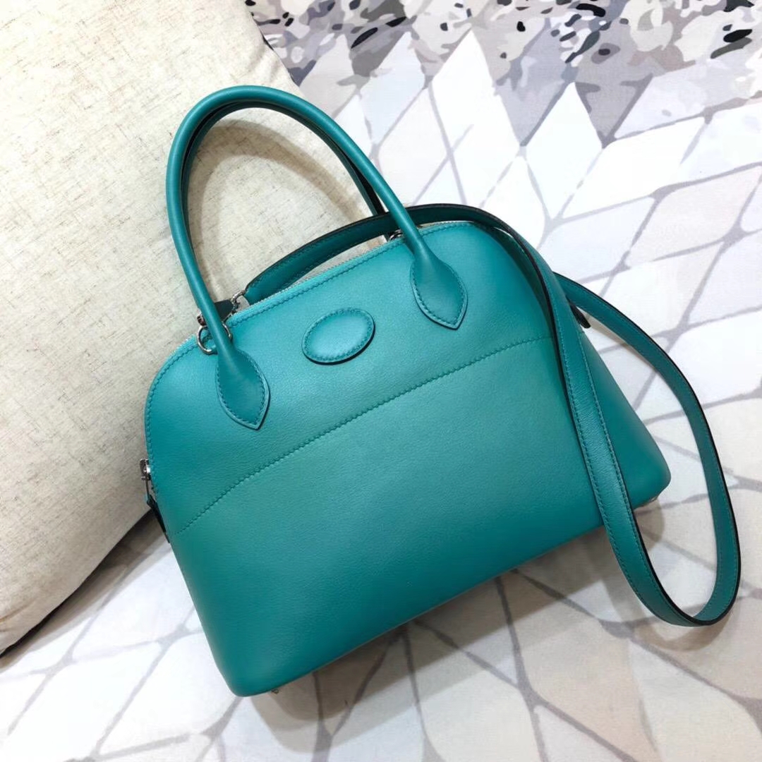 Hermes经典女包 爱马仕顶级Swift牛皮Bolide27CM保龄球包 孔雀蓝