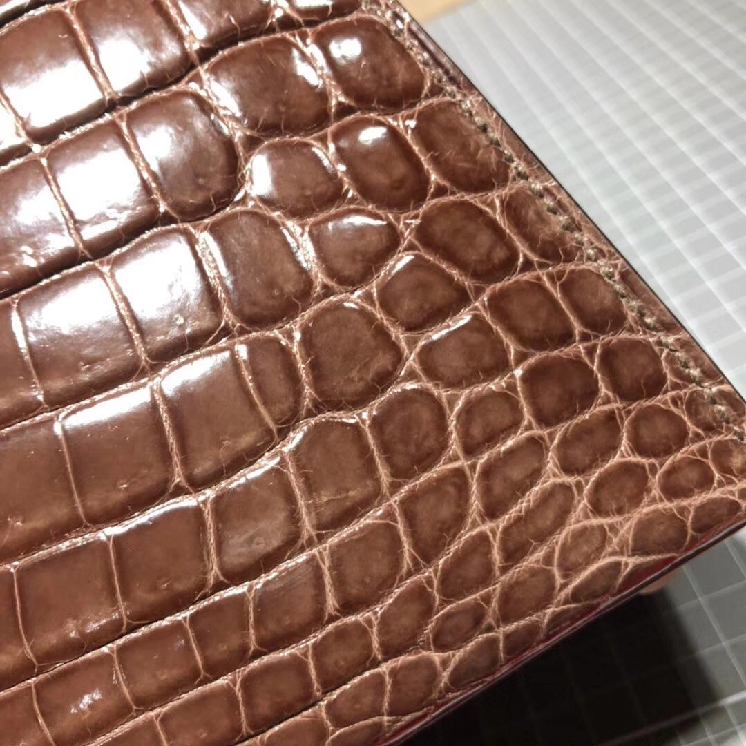 Hermes包包官网 爱马仕亮光两点鳄鱼皮凯莉包Kelly28CM 啡色 金扣