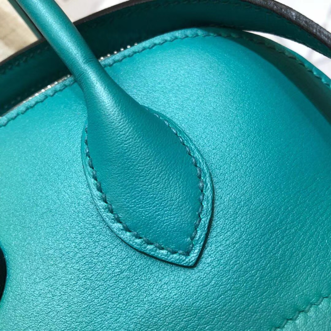 Hermes经典女包 爱马仕顶级Swift牛皮Bolide27CM保龄球包 孔雀蓝