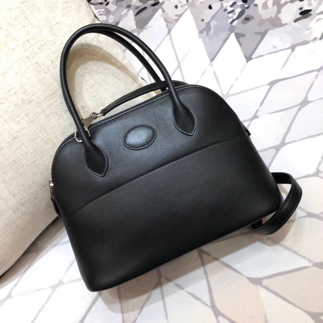 爱马仕包包官网 Hermes爱马仕黑色Swift牛皮保龄球包Bolide27CM 银扣