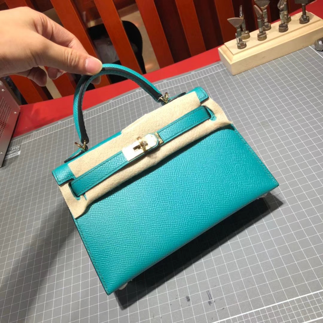 爱马仕迷你凯莉包2代 Hermes Minikelly2代 孔雀蓝原厂Epsom牛皮 金扣