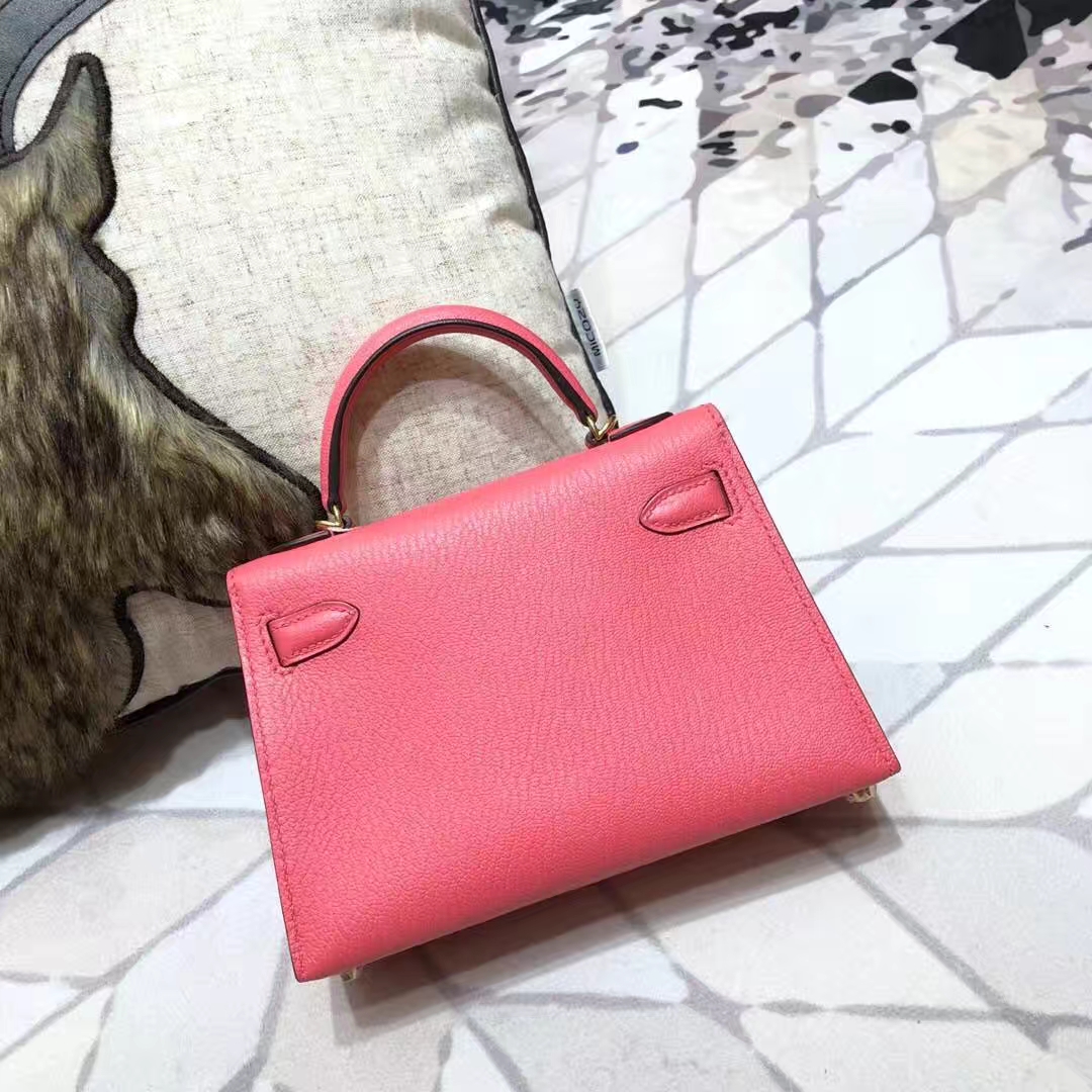 爱马仕迷你凯莉包2代 Hermes Minikelly19CM 唇膏粉原厂山羊皮 金扣