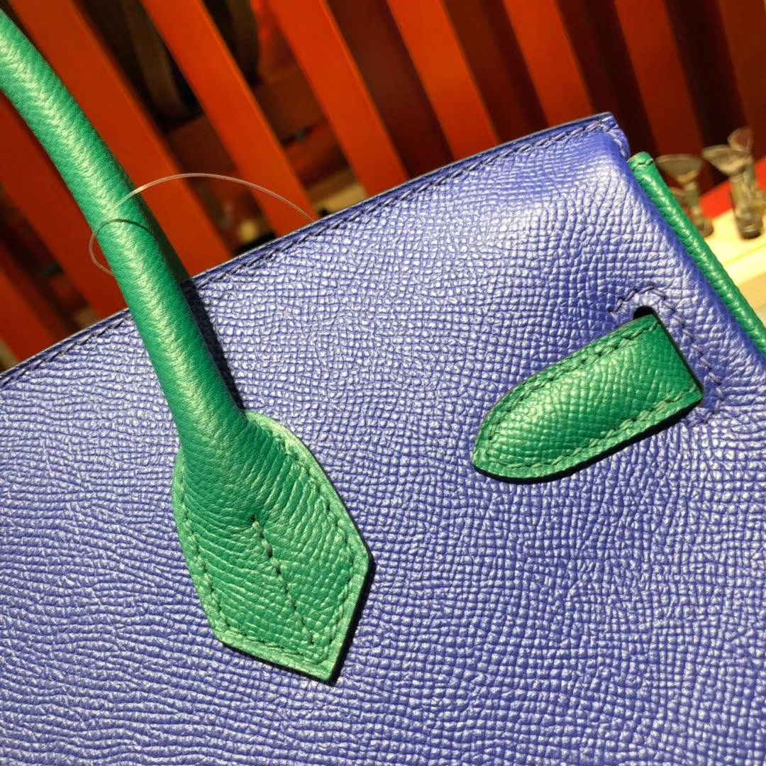 Hermes Birkin30CM 爱马仕希腊蓝拼丝绒绿手掌纹牛皮铂金包 金扣