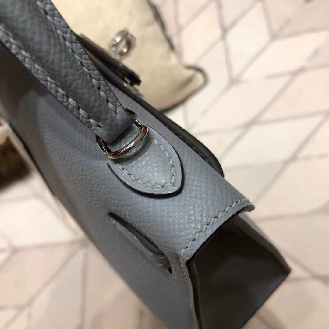 爱马仕迷你凯莉包2代 Hermes Minikelly19CM 亚麻蓝掌纹牛皮 银扣