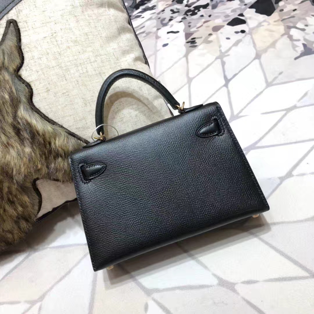 Hermes Minikelly2代 爱马仕黑色原厂Epsom牛皮迷你凯莉包2代手包 金扣