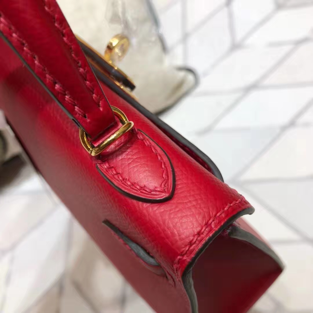 爱马仕晚宴包 Hermes Minikelly2代 中国红原厂掌纹牛皮迷你凯莉包