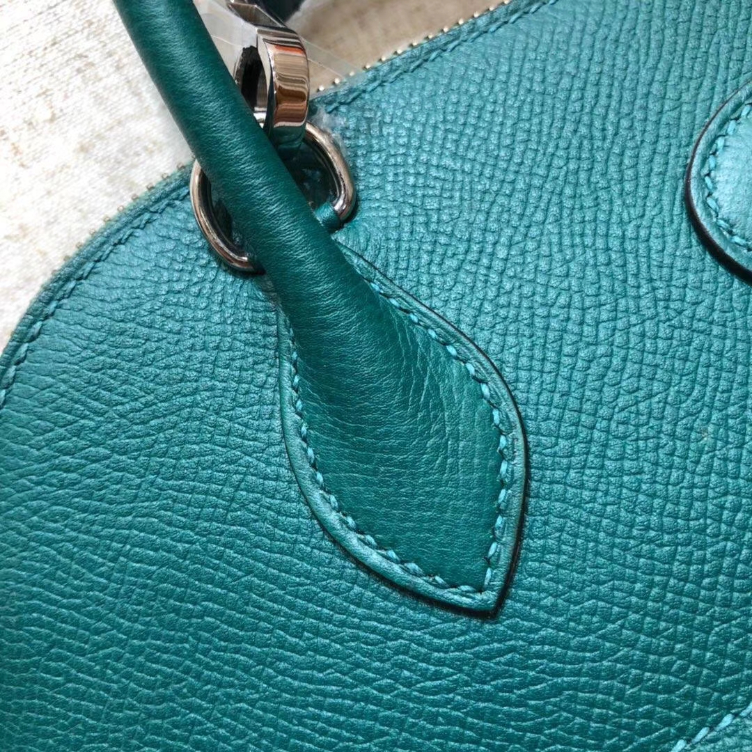 爱马仕保龄球包价格 Hermes Bolide27CM 孔雀绿顶级掌纹牛皮手提女包 银扣
