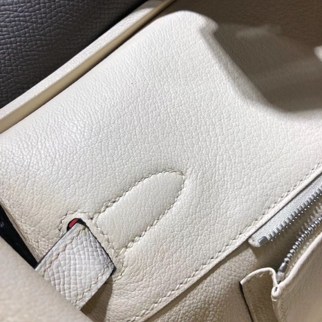 爱马仕铂金包价格 Hermes铁灰拼奶昔白原厂掌纹牛皮Birkin30CM 银扣