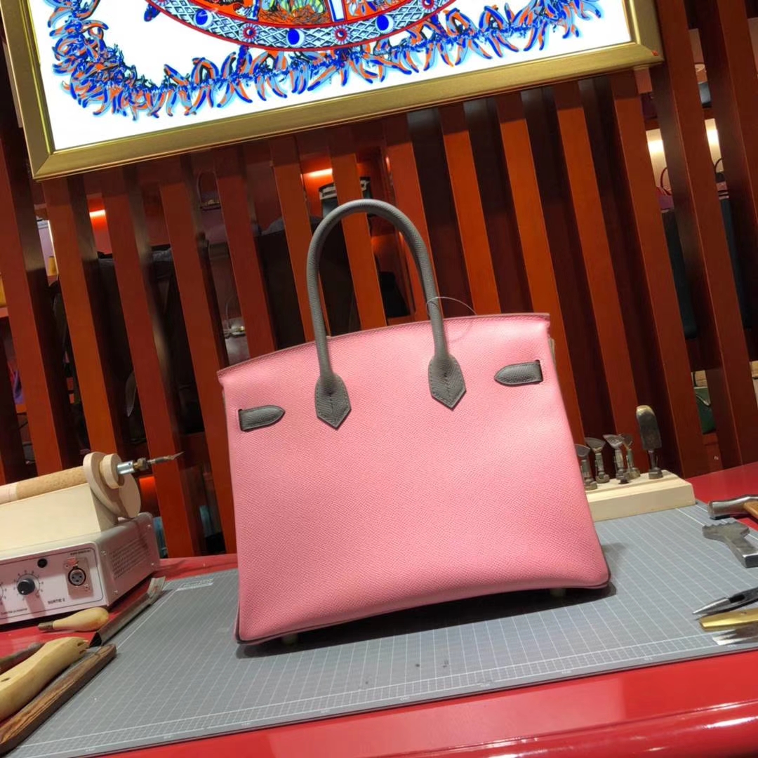 爱马仕拼色铂金包 Hermes Birkin30CM 奶昔粉拼铁灰色Epsom牛皮 金扣