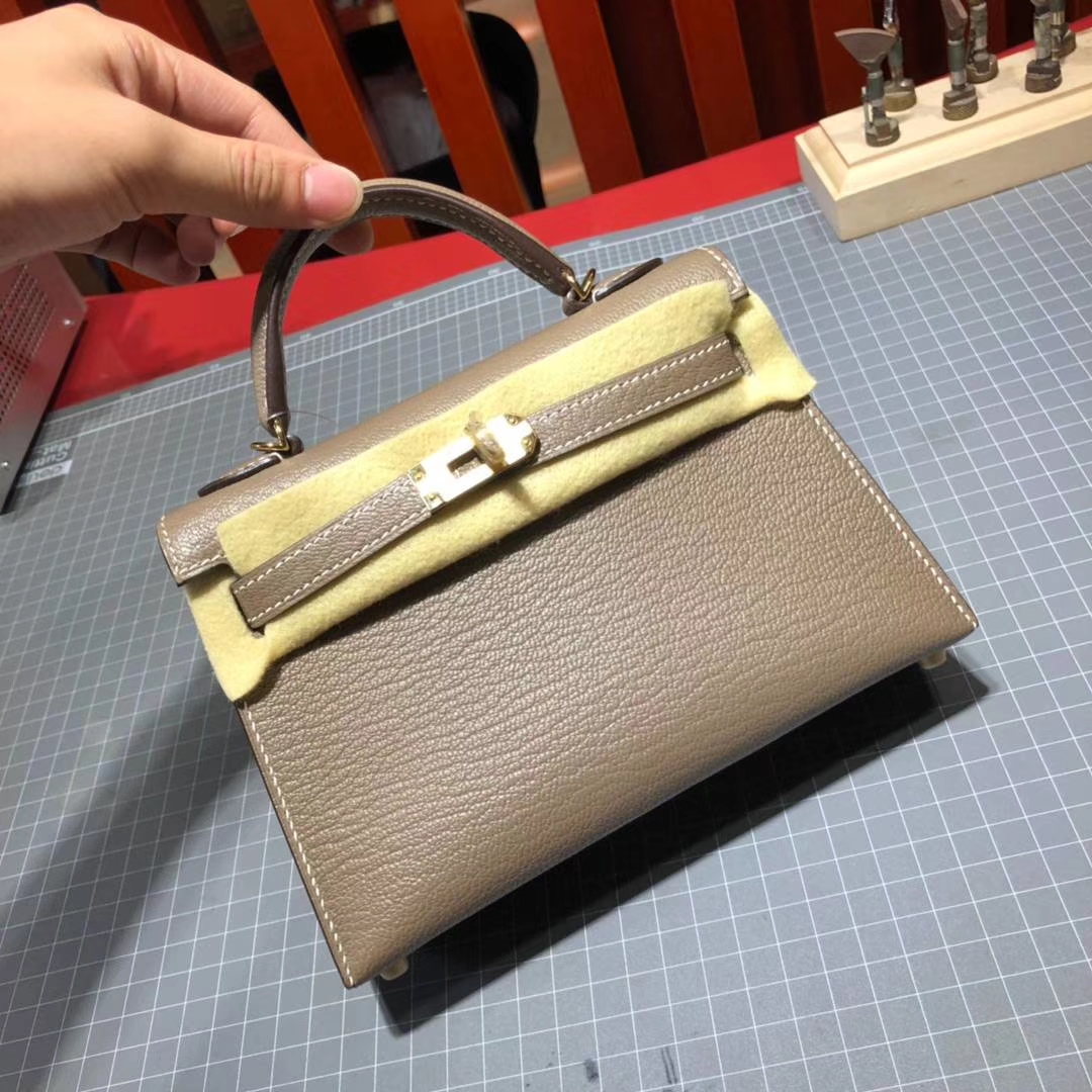 Hermes Minikelly2代 爱马仕顶级山羊皮迷你凯莉包2代19CM 大象灰 金扣