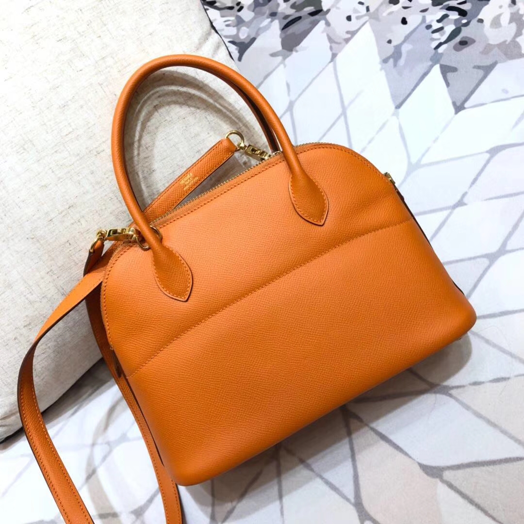 Hermes Bolide27CM 爱马仕橙色顶级Epsom牛皮保龄球包 金扣