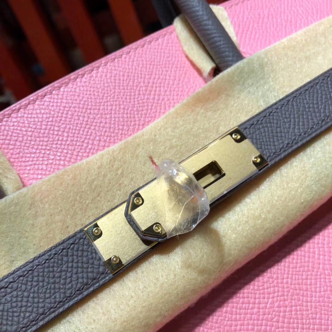 爱马仕拼色铂金包 Hermes Birkin30CM 奶昔粉拼铁灰色Epsom牛皮 金扣