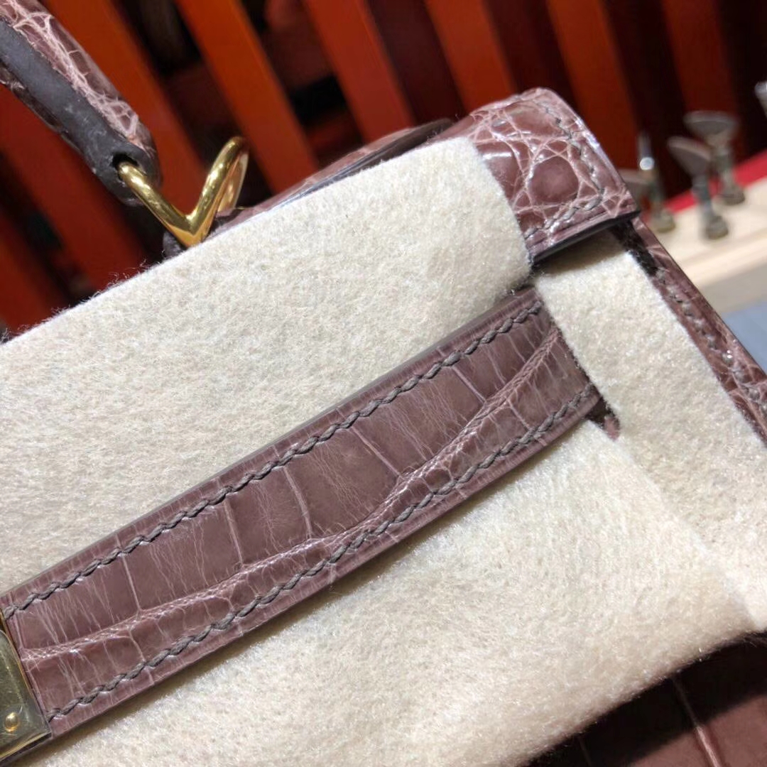 Hermes包包官网 爱马仕亮光两点鳄鱼皮凯莉包Kelly28CM 啡色 金扣