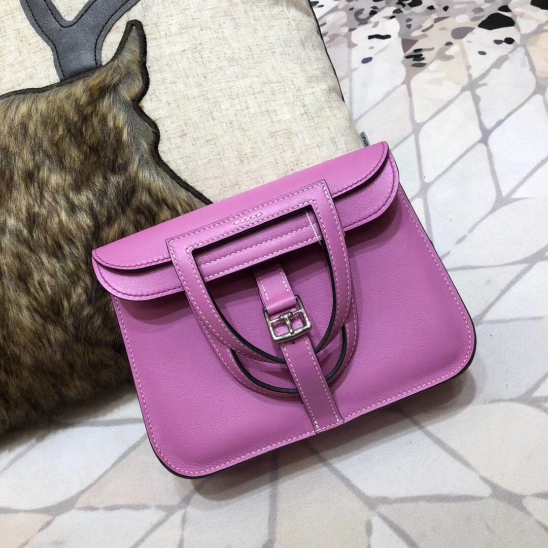爱马仕新款女包 Hermes mini Halzan 浅紫色Swift牛皮手提斜挎包