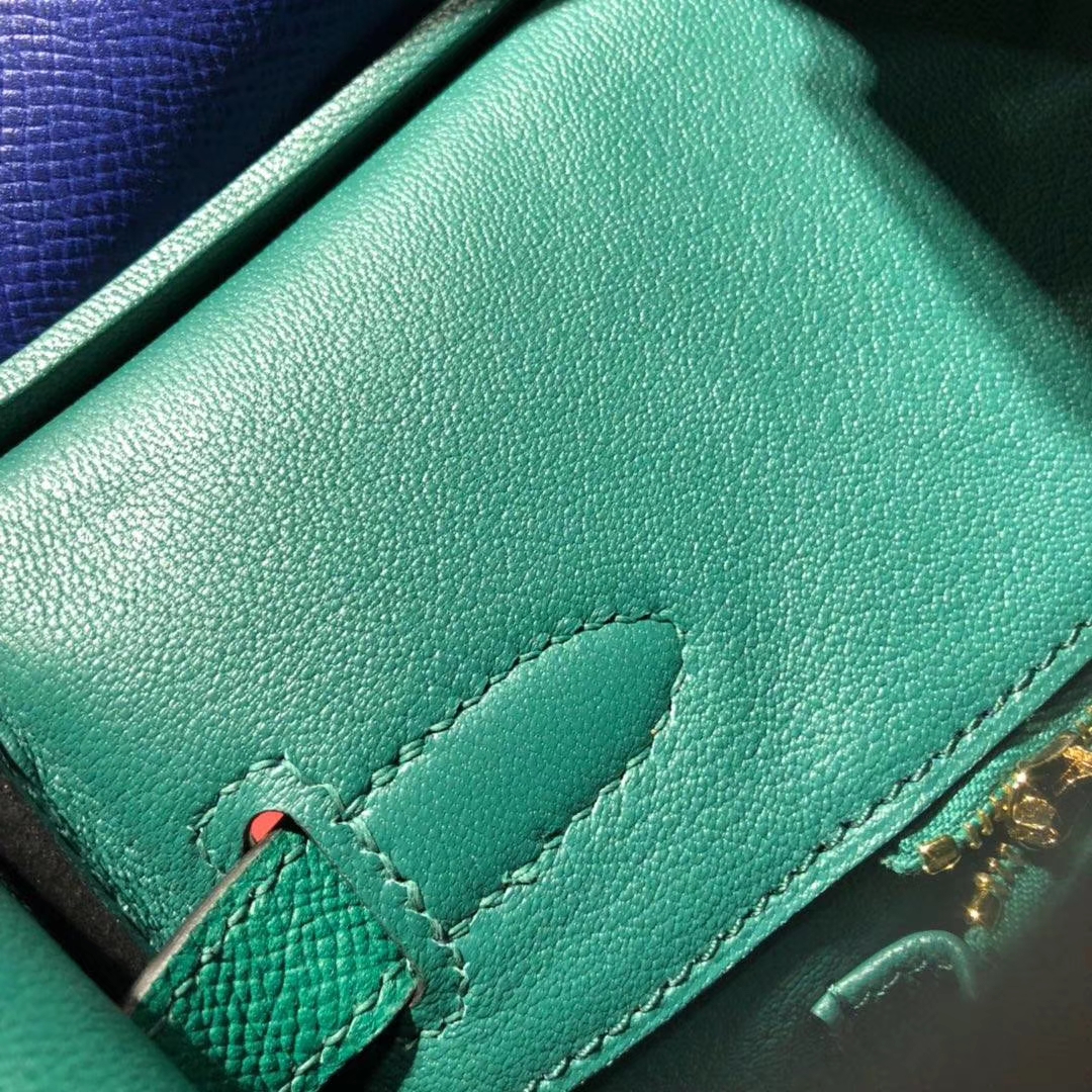 Hermes Birkin30CM 爱马仕希腊蓝拼丝绒绿手掌纹牛皮铂金包 金扣
