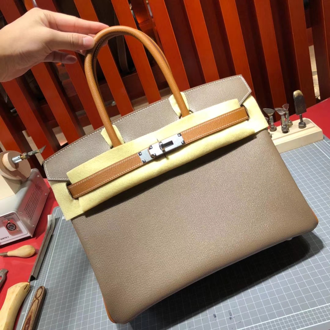 爱马仕Birkin包包 Hermes大象灰拼土黄色拼色铂金包Birkin30CM 银扣