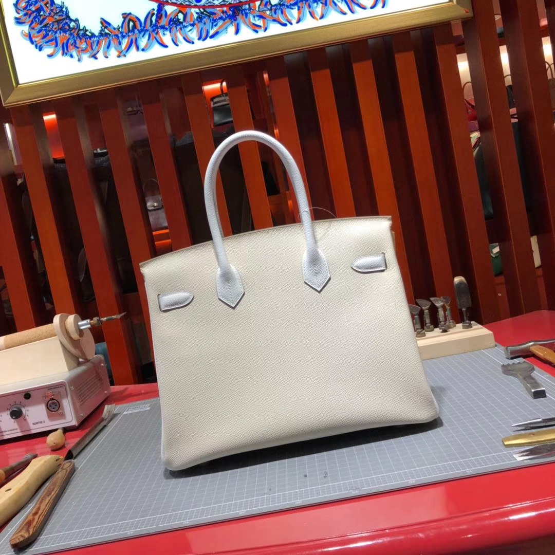 爱马仕拼色铂金包 Hermes奶昔白拼纯白色Epsom牛皮Birkin30CM 金扣