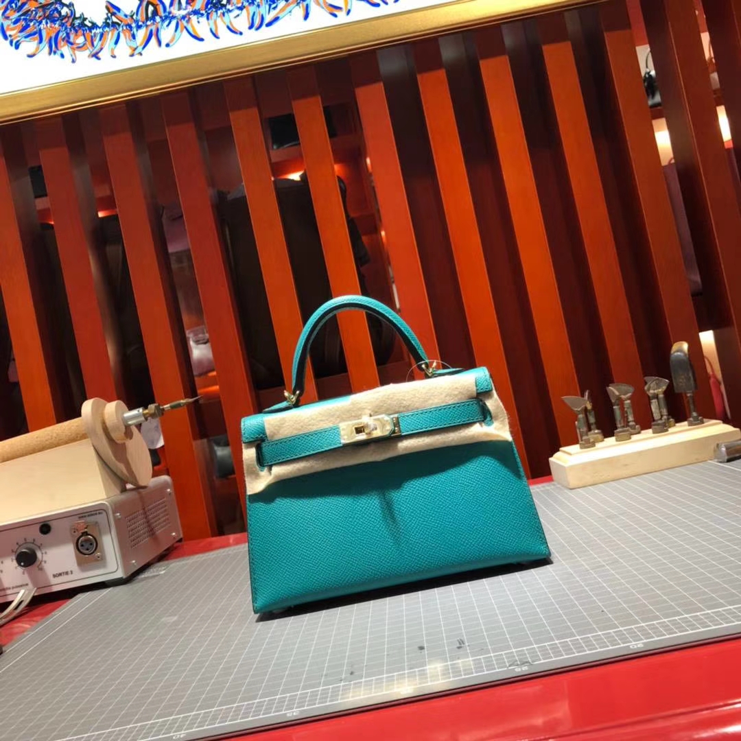 爱马仕迷你凯莉包2代 Hermes Minikelly2代 孔雀蓝原厂Epsom牛皮 金扣
