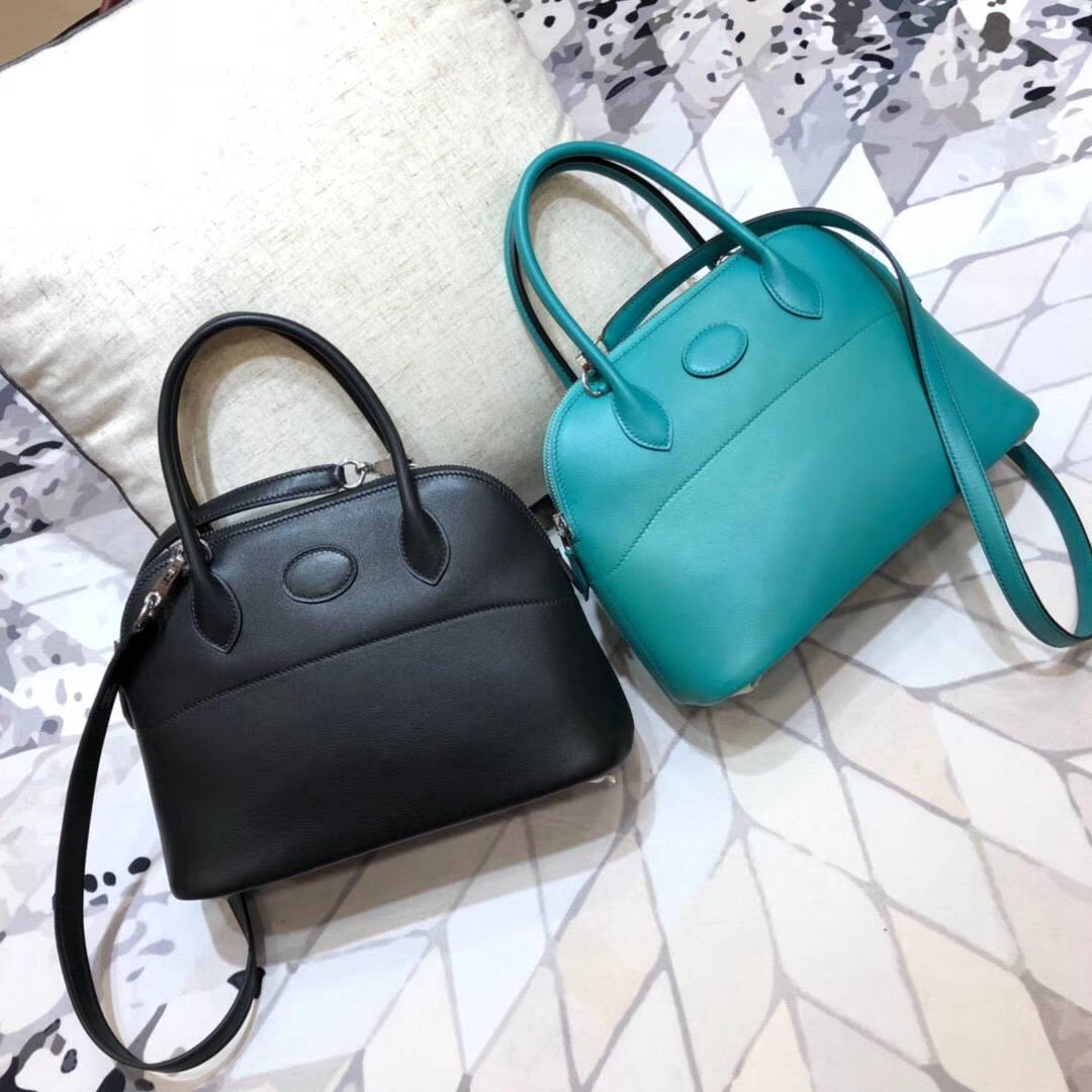 Hermes经典女包 爱马仕顶级Swift牛皮Bolide27CM保龄球包 孔雀蓝