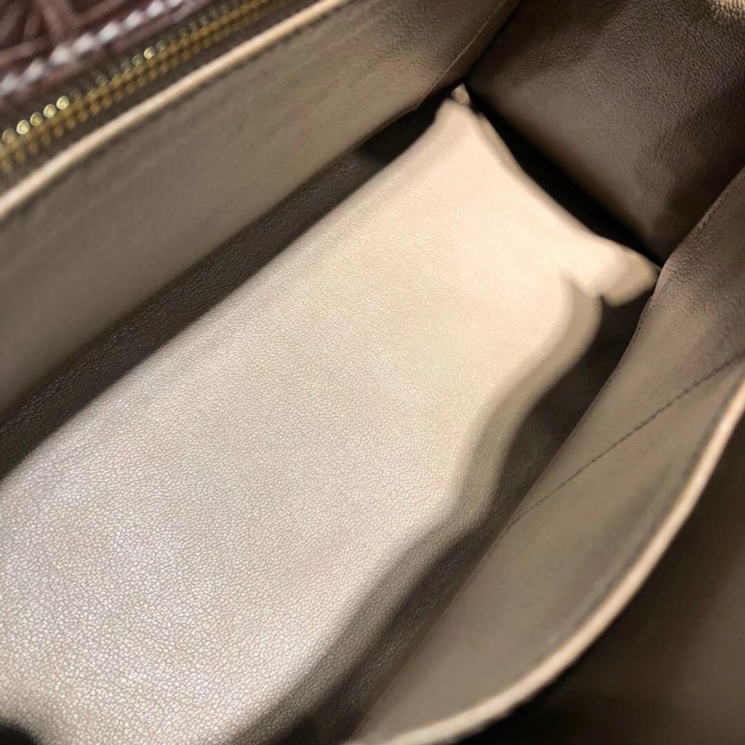 Hermes包包官网 爱马仕亮光两点鳄鱼皮凯莉包Kelly28CM 啡色 金扣