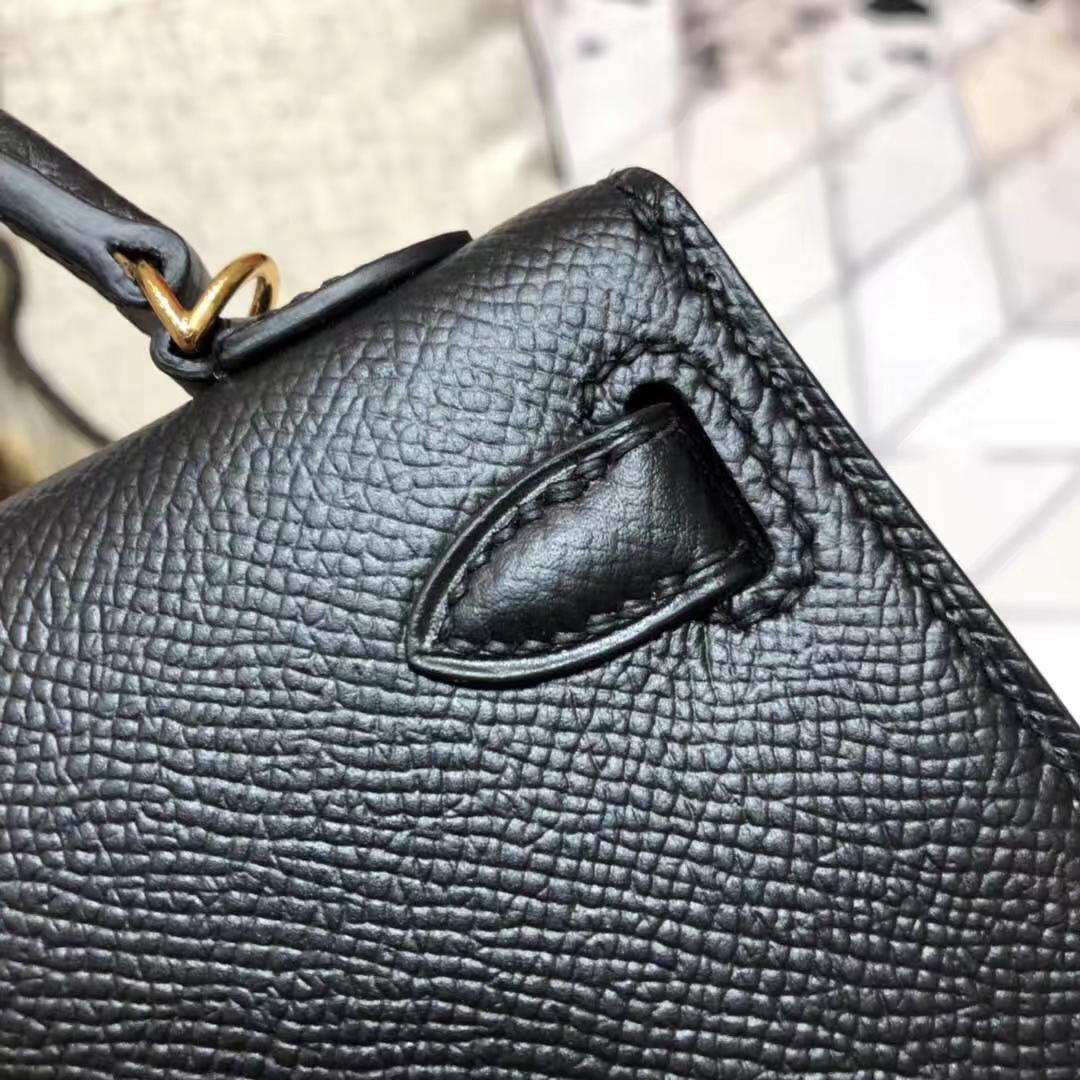 Hermes Minikelly2代 爱马仕黑色原厂Epsom牛皮迷你凯莉包2代手包 金扣
