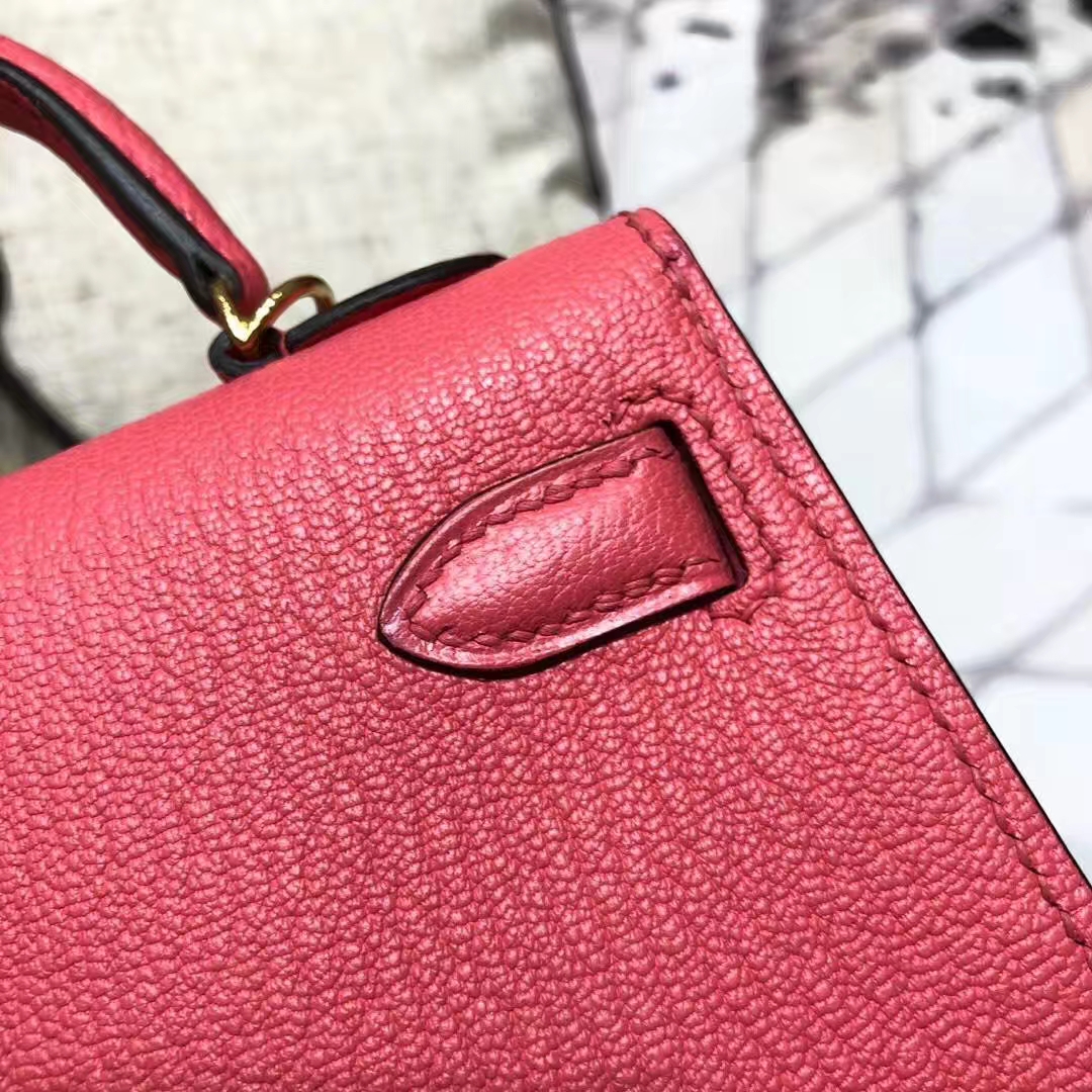 爱马仕迷你凯莉包2代 Hermes Minikelly19CM 唇膏粉原厂山羊皮 金扣